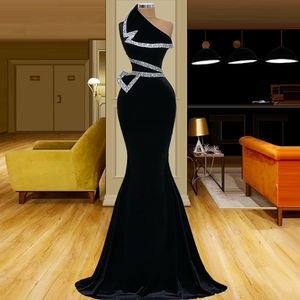 Black Velour One Shoulder Mermaid Evening Dresses Diamond Custom Made Long Prom Gowns robes de soirée 0330