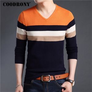 Coodrony-Pullover Herum Herbst Winter Winter Baumwollwatte Pullover Männer Streetwear Mode gestreift Strickwege Schlanker Fit V-Ausschnitt Homme 91029 201225