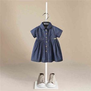 Brandneue Mädchenkleidung Mädchen Denim Kurzes Minikleid Kleinkind Jean Kurzarm Casual Party Hemdkleid für Kinder G220506