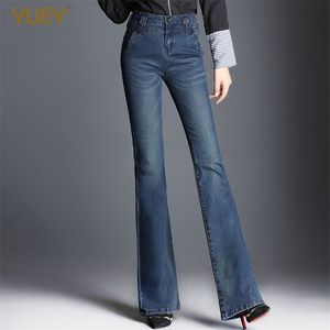 Kvinnor startade jeans långa stretch blossade jeans vackra blå breda ben blixtlås tvättade retro byxor för höstvinter plus storlek 210302