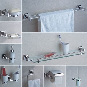 Bathroom Hardware Accessories Chrome Single Towel Bar Rail Toilet Paper Holder Shower Soap Dish Pump Brush Holder Glass Shelf T200425