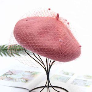2020 Women Autumn Winter Wool Beret Cap Vintage Net Veil Pattern Female Painter Outdoor Elegant Hats Hood Hat J220722