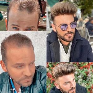 Men's Wig Natural Straight and Wave In Stock Mens Hair Systems Fine Mono with Poly Skin Perimeter Folded Toupee for Men 30MM Wave