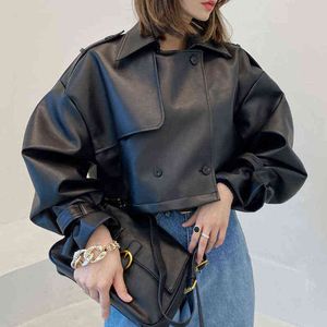 Roupas de inverno mulheres jaqueta cortada feminino chique coreano high street sólido preto puk couro jaquetas mulher casaco de manga longa para fora do l220728
