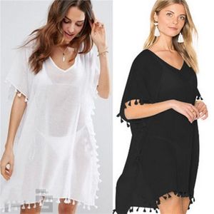 Women Beach Dress Solid Swim Wear Bikini Cover Ups with Tassel Summer Beachwear Holiday Sundress Sun Bathing 220524