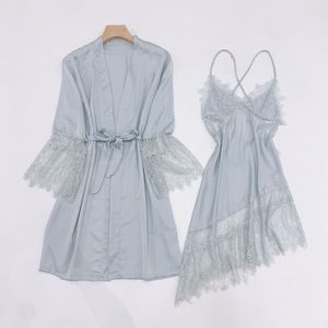 Summer Kimono bathrobe for couple Set for Women - Gray Lace Intimate Lingerie with Satin Nightwear and Sexy Robe for Home Comfort