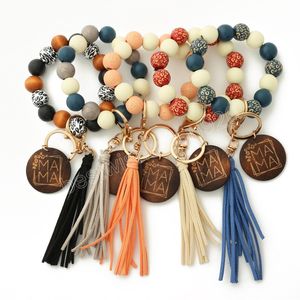 Muttertag Buchstaben Druck Holz Silikon Perlen Armband Schlüsselanhänger Mode Cnady Farbe Leopard Armband Perlen Damen Armband Schlüsselanhänger 12 Farben Gute Qualität