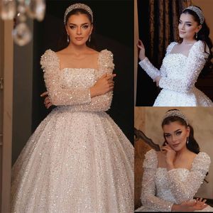 Luxury Sequined A Line Wedding Dress 2022 Sheer Square Neck Long Sleeves Glitter Bridal Gowns Gorgeous Court Train Shiny Church Bride Dresses