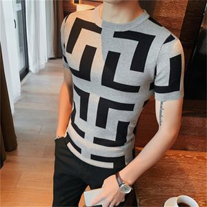 New color-blocking sweater men's round neck spring and summer Korean version slim casual short-sleeved British style fashion print top 4XL