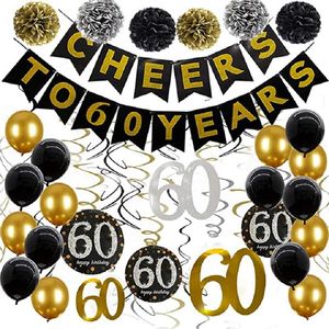 Party Decoration 60th Birthday Decorations Skål till 60 år Svart och guld 60 -årsdag Party Supplies med 60: e hängande virvlar