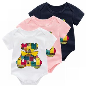 Söta baby pojkar flickor märke rommare sommar nyfödda tecknad björn jumpsuits bomullsmittare kort ärm romper spädbarn onesies 0-24 månader