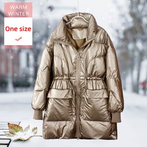 Women Long White Duck Down Jacket Stand Collar Female Thick Loose Style Warm Coat With Waistband Windproof Good Quanlity 201102