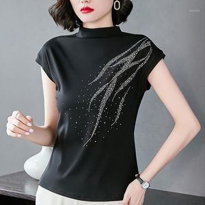 Fashion Diamonds Half Turtleneck Short Sleeve T-shirt Casual Summer Slim Base Tee Women's Clothing Big Size 4xl Topps Kvinna