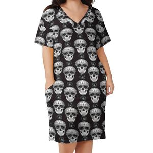 Plus Size Dresses Black White Skull Dress Sugar Skulls Aesthetic Casual Women Spring V Neck Kawaii Birthday GiftPlus