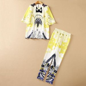 Women's Two Piece Pants European And American Women's Wear For Summer 2022 Print T-shirt Cropped Sleeves Beaded Beads Nine Minutes Of Su