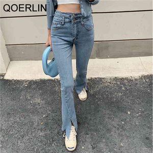 Qoerlin retro hög midja dubbel spänne stor sträckt elastiska mager split jeans kvinnor denim jeans fitt frans hem denim byxor 210412