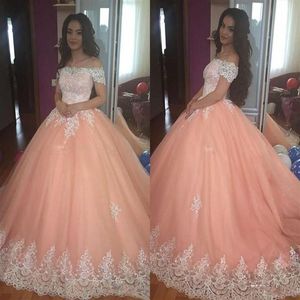 Wholesale fluffy ball gowns for sale - Group buy Peach Sweet Quinceanera Dresses Sexy Off Shoulder Short Sleeves Ball Gown Prom Dress With Applique Corset Fluffy vestidos