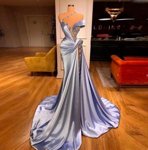 UPS Sky Blue Mermaid Prom Dresses Ruffles Beaded Elegant Sweep Train Evening Gowns Robe De Soiree Formal Party Dress B