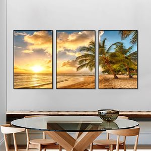 3-teiliges modulares Leinwandgemälde mit Sonnenuntergang, Meereslandschaft, modernes Strand-Palmen-Poster und Drucke, Bilder für die Wohnzimmerdekoration