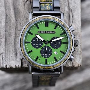 腕時計鳥木製時計の男性ストップウォッチクロノグラフラグジュアリースタイリッシュなショーデートウッドクォーツ腕時計オスの時計
