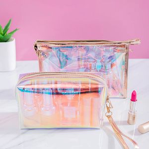 Borsa cosmetica per donna olografica colorata Borse per trucco trasparente Custodia per organizzatore di bellezza Borsa da viaggio con cerniera Custodia per il trucco