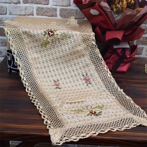 Luxury lace satin Embroidery bed Table Runner cloth cover flag dining tea coffee tablecloth Christmas home party Wedding decor Y201020