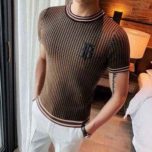 British Style Pullover Thousand Bird Check Men T shirt Embroidery Slim Fit Knitted T Shirt Men O Neck Homme Social Club Outfits Y220426