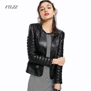 Ftlzz Spring Autumn Winter New Leather Women Jacket Långärmad lapptäcke Black Coat Zipper Design Motorcykel PU JACKE L220728