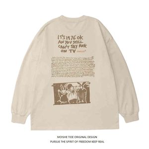 Moishe Tide Vintage Funny Letter Printed Long Sleeve T-shirt Men's and Women's Fashion Brand Loose Casual Couple Thin Sweater