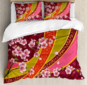 Bettwäsche-Sets, Blumen-Set für Schlafzimmer, Bett, Zuhause, orientalischer Hintergrund, Sakura-Blüte, japanische Kirsche, Bettbezug, Steppdecke und Kissenbezug