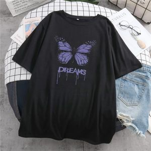 Gothic Y2k Aesthetic Loose Ladies Tops T-shirt Purple Butterfly Print Korean Style Harajuku Punk Clothes