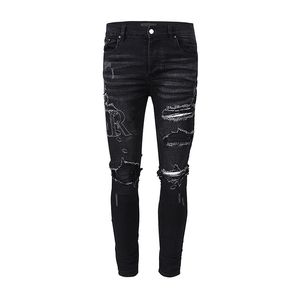 Mens jeans designer med bokstäver hål svart lår rippade ankel trasiga trasiga byxor robusta knäskurna trash Silm mode lång rak rugular dragkedja hög nöd