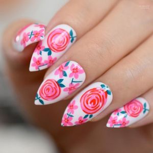 Röd rose stilett falska naglar blommor trädgård mönster tryck på mandel falska nagel tips dagliga kontor nagel lim wear prud22