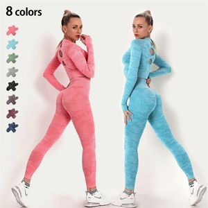 Kadınlar Dikişsiz Yoga Set Uzun Kollu Üst Yüksek Bel Göbek Kontrolü Spor Tayt Spor Giysileri Kamuflaj Takım Elbise Seksi Kızlar 220330