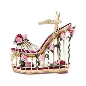 Sandalias Niñas Cuña Sandalia Especial Jaula de pájaros Fretwork Tacones altos Vestido Boda Pasarela Zapatos Damas 3D Rose Plataforma 17CM Cuñas