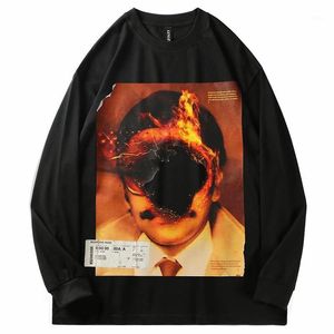 Męskie koszulki Męskie Długie Rękaw Hip Hop Fire Flame Burning Po Print Tshirt Harajuku Streetwear Casual Cotton Top Tees Jesień