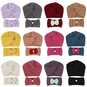 Hair Accessories Soft Skin-friendly Knitting Wool Adult Hat And Baby Headband Two Piece Set Cute Crochet Bowknot Toddler Hairband Infant Hea