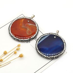 Pendant Necklaces Natural Stone Pendants Round Colorful Agate Artificial Diamond Charms For Jewelry Making Women Necklace Gift Accessories