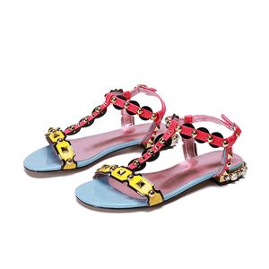 Kvinnor äkta läder pärla 1 cm chunky klackar sandaler sommarnitar t-bundna toffel slip-på bröllopsklänning gladiator skor spänne remmling färger feststorlek