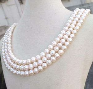 Kedjor 3Row Strands Natural 7-8mm Akoya White Pearl Necklace 18 