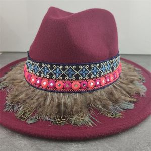 Szerokie brzegowe czapki boho fedora kobiecy zespół piórkowy kapelusz brytyjski elegancki fascynator skórzany frędzla zima