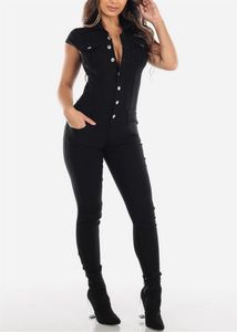 Tute da donna Pagliaccetti Jeans Salopette elasticizzata Bottoni Donna Turn Down Skinny Denim nero Tuta casual PagliaccettiDonna