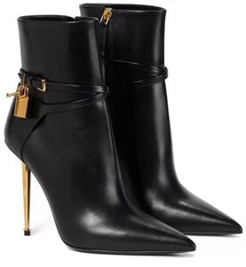 Fashion Padlock Leather Ankle Boot Lock-and-key buckled ankle straps Booties Design Brands