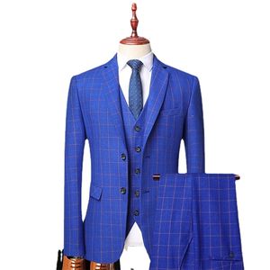 ブティックブレザーベストズボンメンズイタリアスタイルファッションビジネスエレガントな紳士格子縞のスリムカジュアルドレス3ピースセット220815