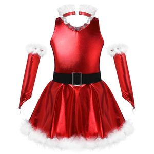 Girl's Dresses Kids Girls Ballet Leotards Outfit Christmas Costume Sleeveless Open Back Sequined Figure Skating Tutu Santa Dance Sleeve