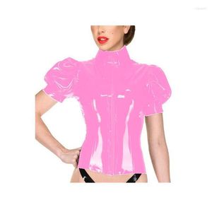 여자 재킷 가짜 가죽 PVC 탑 빈티지 퍼프 슬리브 지퍼 여자 셔츠 터틀넥 한국 스타일 우아한 패션 파티 클럽웨어