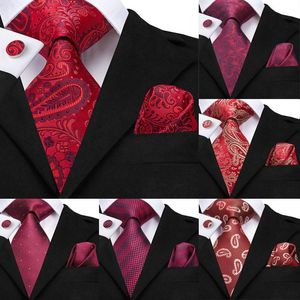 Bow Ties Hi-tie Wedding dla mężczyzn Red Paisley Tie Zestek jedwabny Kwiat Kwiatowy Kieszeń Square Mankiety Manotka Maryn