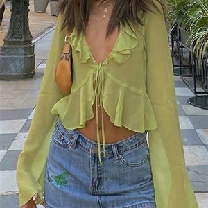 ALLNeon Vintage 90s Streetwear Ruffles Trim Green Chiffon T-shirts Y2K Fashion Sexy Deep V Lace Up Long Sleeve Tops Transparent 220408