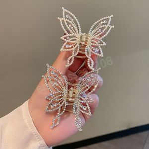 Exquisite Clamps Rhinestone Butterfly Hair Claw For Women Elegant Pearl Hair Crab Barrette Headwear Woman Ponytail Clip