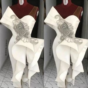 Fildişi balo elbiseleri kolsuz bir omuz askısı boncuklu kristaller fırfırlar peplum çay uzunluğu kuyruk parti akşam elbisesi vestido özel yapılmış